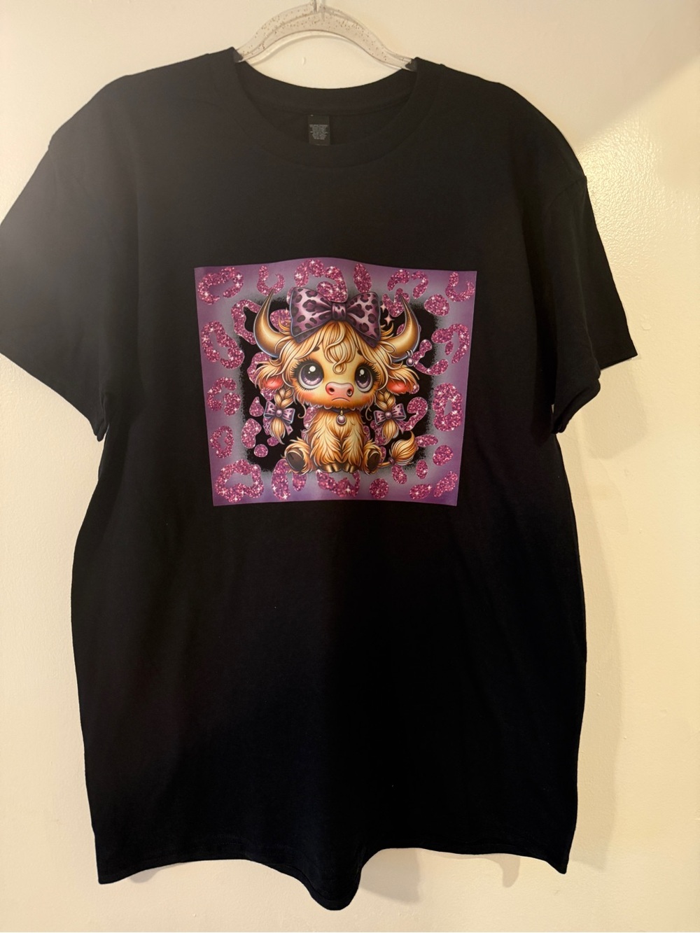 Kids Black T-Shirt with Pink Glitter Cow Graphic